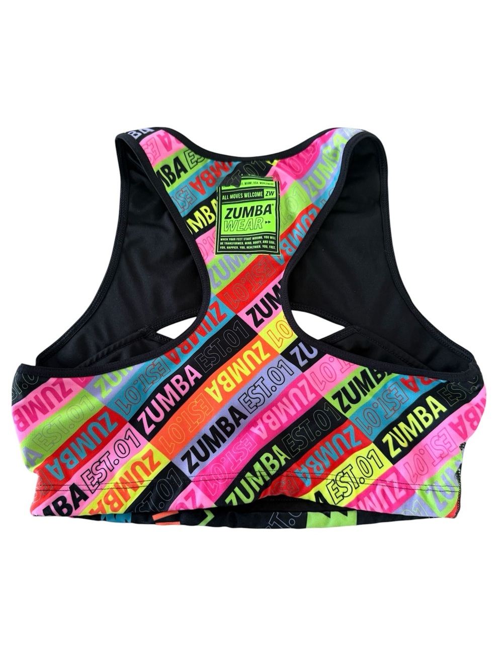 Zumba Neon Logo Cutout Sports Bra - Black with Neon Prints - Picture 2 of 3